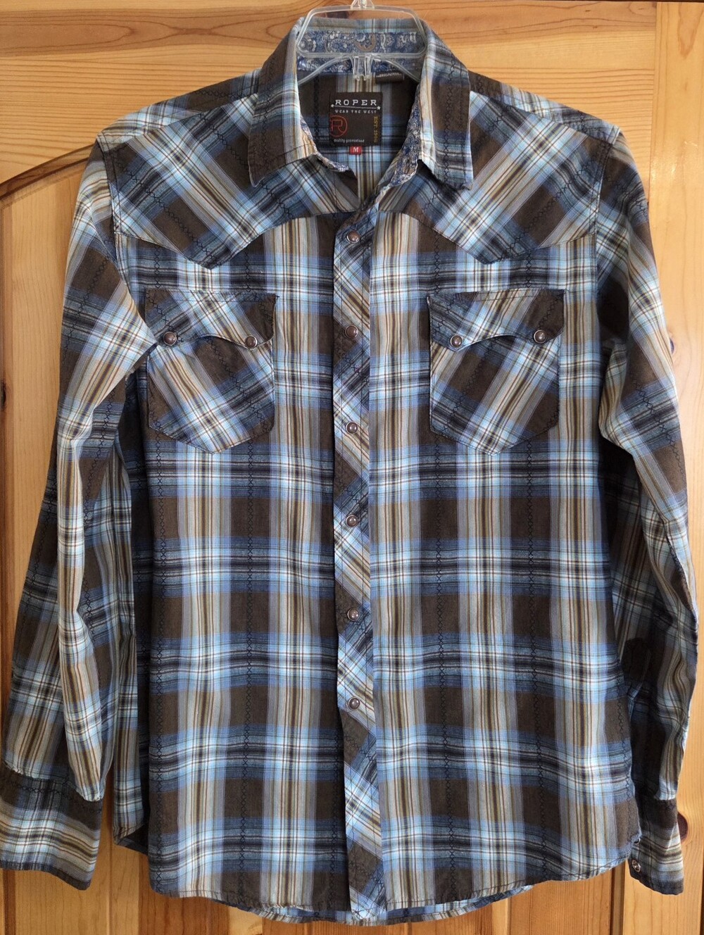 Roper Women's Shirt Long Sleeve Pearl Snap Brown Blue Plaid Western Size M